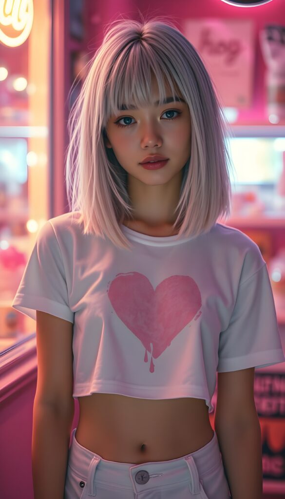 realistic photography of a (((cute teen girlie))) with (((soft open straight white hair falls down, bangs and perfect shoulder length bob cut))), a ((white thin cropped t-shirt with a pink, heart-shaped stain on the chest)), that gives off a (warm, cozy glow), blended with a cool, vibrant (studio-like lighting) backdrop, perfect for a (summer fashion look). Perfect female body. White cargo pants. All against a candy shop in pink.