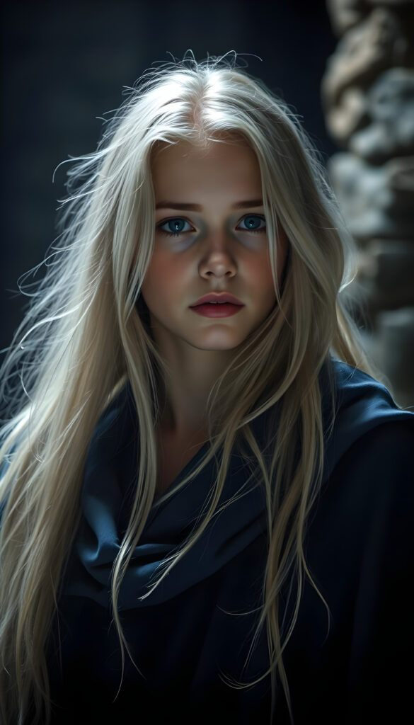 realistic photo from a young woman with long open soft white hair, wearing a blue cloak, in a dark dungeon
