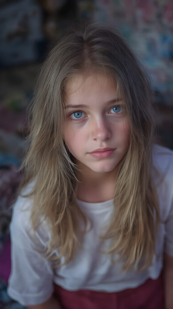 realistic photography of a (((teen girl))) with long, (((messy dark blonde hair))), and (((detailed, matching, vibrant (pale blue eyes))), dressed in (((tight, high-cut, flared and extra long hot pants))), paired with a ((white T-shirt)), that gives off a (warm, cozy glow), blended with a cool, vibrant (studio-like lighting) backdrop, perfect for a (summer fashion look)
