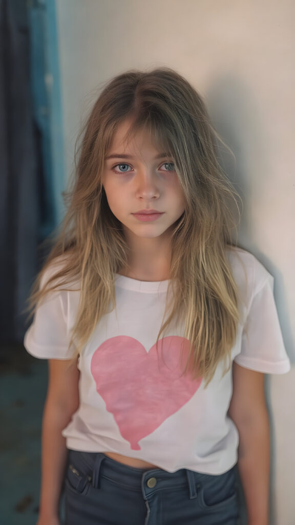 realistic photography of a (((teen girl))) with long, (((messy dark blonde hair))), and (((detailed, matching, vibrant (pale blue eyes))), dressed in (((tight, high-cut, flared and extra long hot pants))), paired with a ((white T-shirt with a pink, heart-shaped stain on the chest)), that gives off a (warm, cozy glow), blended with a cool, vibrant (studio-like lighting) backdrop, perfect for a (summer fashion look)