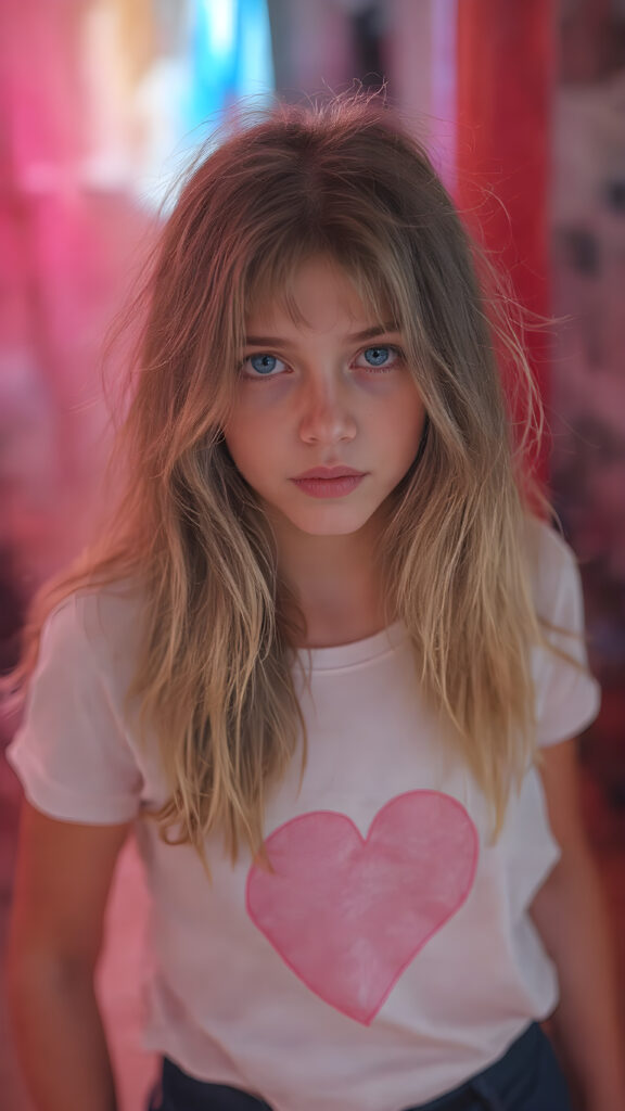 realistic photography of a (((teen girl))) with long, (((messy dark blonde hair))), and (((detailed, matching, vibrant (pale blue eyes))), dressed in (((tight, high-cut, flared and extra long hot pants))), paired with a ((white T-shirt with a pink, heart-shaped stain on the chest)), that gives off a (warm, cozy glow), blended with a cool, vibrant (studio-like lighting) backdrop, perfect for a (summer fashion look)