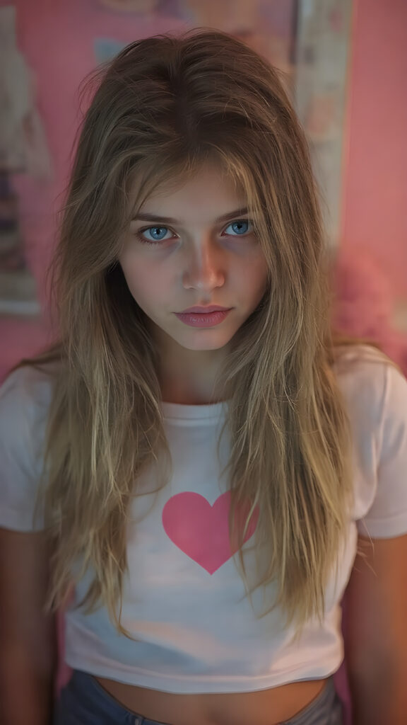 realistic photography of a (((teen girl))) with long, (((messy dark blonde hair))), and (((detailed, matching, vibrant (pale blue eyes))), dressed in (((tight, high-cut, flared and extra long hot pants))), paired with a ((white T-shirt with a pink, heart-shaped stain on the chest)), that gives off a (warm, cozy glow), blended with a cool, vibrant (studio-like lighting) backdrop, perfect for a (summer fashion look)