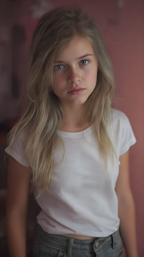realistic photography of a (((teen girl))) with long, (((messy dark blonde hair))), and (((detailed, matching, vibrant (pale blue eyes))), dressed in (((tight, high-cut, flared and extra long hot pants))), paired with a ((white T-shirt)), that gives off a (warm, cozy glow), blended with a cool, vibrant (studio-like lighting) backdrop, perfect for a (summer fashion look)