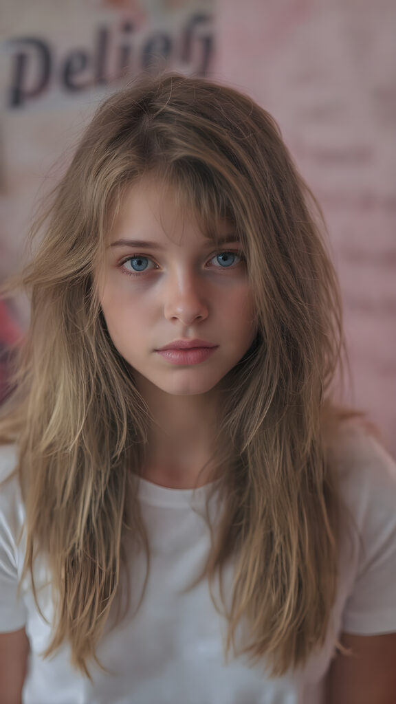 realistic photography of a (((teen girl))) with long, (((messy dark blonde hair))), and (((detailed, matching, vibrant (pale blue eyes))), dressed in (((tight, high-cut, flared and extra long hot pants))), paired with a ((white T-shirt)), that gives off a (warm, cozy glow), blended with a cool, vibrant (studio-like lighting) backdrop, perfect for a (summer fashion look)