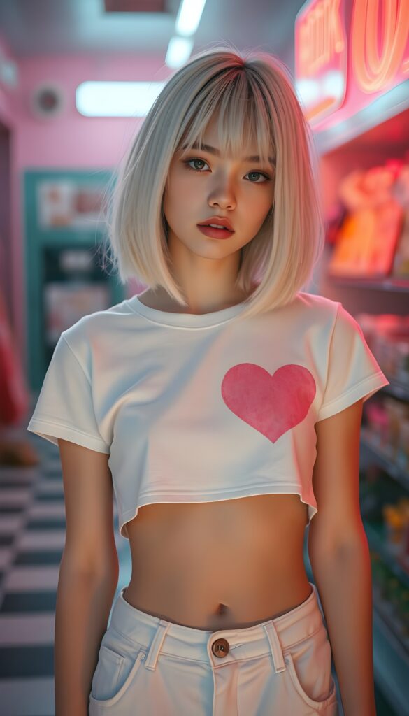 realistic photography of a (((cute teen girlie))) with (((soft open straight white hair falls down, bangs and perfect shoulder length bob cut))), a ((white thin cropped t-shirt with a pink, heart-shaped stain on the chest)), that gives off a (warm, cozy glow), blended with a cool, vibrant (studio-like lighting) backdrop, perfect for a (summer fashion look). Perfect female body. White cargo pants. All against a candy shop in pink.