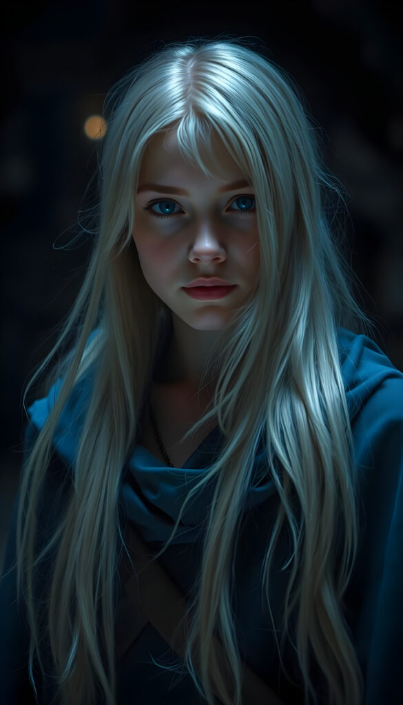 realistic photo from a young woman with long open soft white hair, wearing a blue cloak, in a dark dungeon