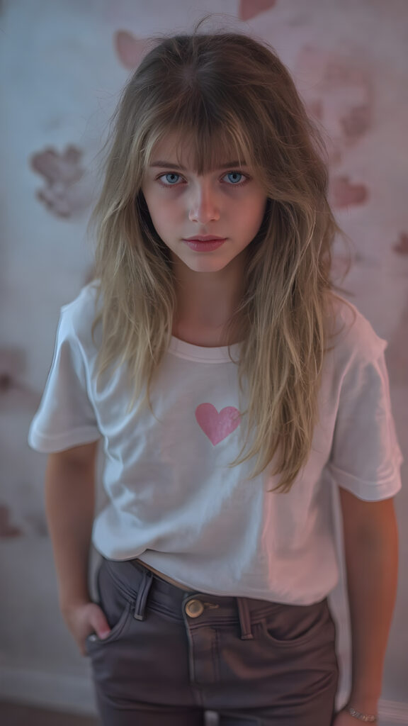 realistic photography of a (((teen girl))) with long, (((messy dark blonde hair))), and (((detailed, matching, vibrant (pale blue eyes))), dressed in (((tight, high-cut, flared and extra long hot pants))), paired with a ((white T-shirt with a pink, heart-shaped stain on the chest)), that gives off a (warm, cozy glow), blended with a cool, vibrant (studio-like lighting) backdrop, perfect for a (summer fashion look)