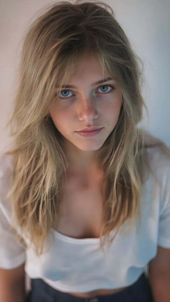 realistic photography of a (((teen girl))) with long, (((messy dark blonde hair))), and (((detailed, matching, vibrant (pale blue eyes))), dressed in (((tight, high-cut, flared and extra long hot pants))), paired with a ((white T-shirt)), that gives off a (warm, cozy glow), blended with a cool, vibrant (studio-like lighting) backdrop, perfect for a (summer fashion look)