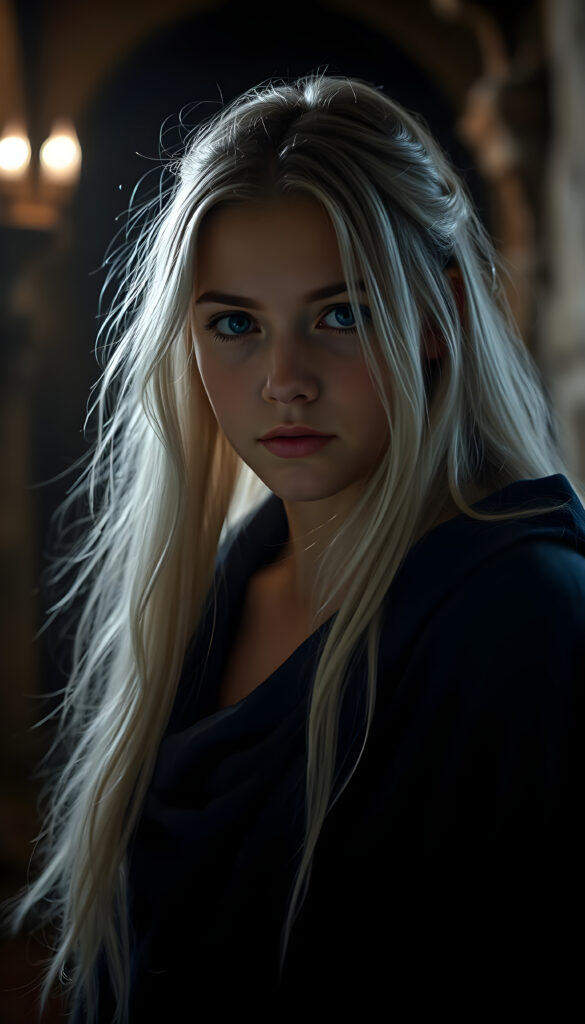 realistic photo from a young woman with long open soft white hair, wearing a blue cloak, in a dark dungeon