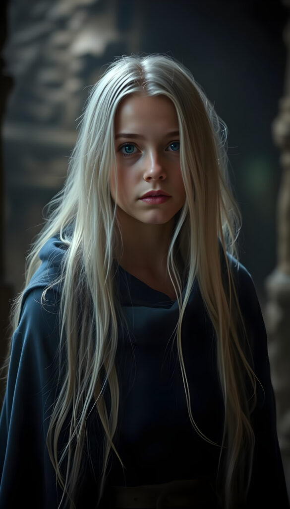 realistic photo from a young woman with long open soft white hair, wearing a blue cloak, in a dark dungeon