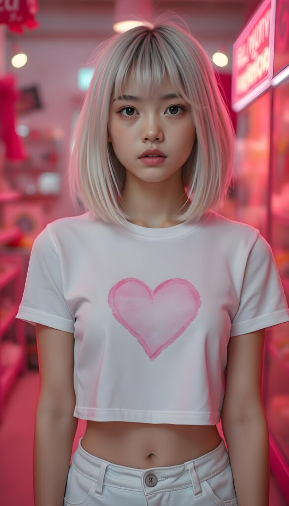 realistic photography of a (((cute teen girlie))) with (((soft open straight white hair falls down, bangs and perfect shoulder length bob cut))), a ((white thin cropped t-shirt with a pink, heart-shaped stain on the chest)), that gives off a (warm, cozy glow), blended with a cool, vibrant (studio-like lighting) backdrop, perfect for a (summer fashion look). Perfect female body. White cargo pants. All against a candy shop in pink.