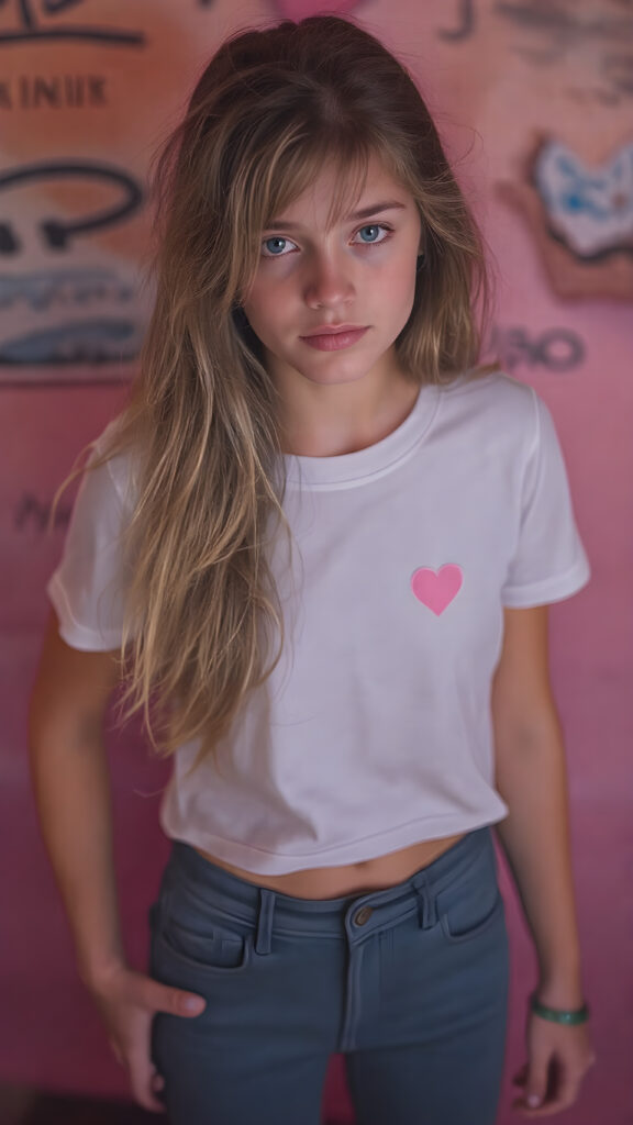 realistic photography of a (((teen girl))) with long, (((messy dark blonde hair))), and (((detailed, matching, vibrant (pale blue eyes))), dressed in (((tight, high-cut, flared and extra long hot pants))), paired with a ((white T-shirt with a pink, heart-shaped stain on the chest)), that gives off a (warm, cozy glow), blended with a cool, vibrant (studio-like lighting) backdrop, perfect for a (summer fashion look)