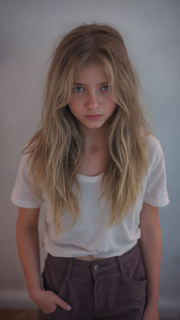 realistic photography of a (((teen girl))) with long, (((messy dark blonde hair))), and (((detailed, matching, vibrant (pale blue eyes))), dressed in (((tight, high-cut, flared and extra long hot pants))), paired with a ((white T-shirt)), that gives off a (warm, cozy glow), blended with a cool, vibrant (studio-like lighting) backdrop, perfect for a (summer fashion look)