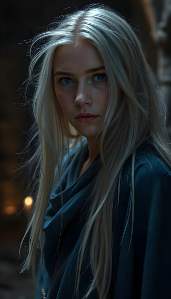 realistic photo from a young woman with long open soft white hair, wearing a blue cloak, in a dark dungeon
