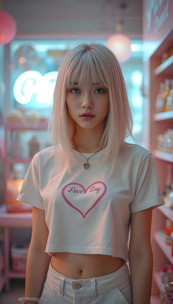 realistic photography of a (((cute teen girlie))) with (((soft open straight white hair falls down, bangs and perfect shoulder length bob cut))), a ((white thin cropped t-shirt with a pink, heart-shaped stain on the chest)), that gives off a (warm, cozy glow), blended with a cool, vibrant (studio-like lighting) backdrop, perfect for a (summer fashion look). Perfect female body. White cargo pants. All against a candy shop in pink.