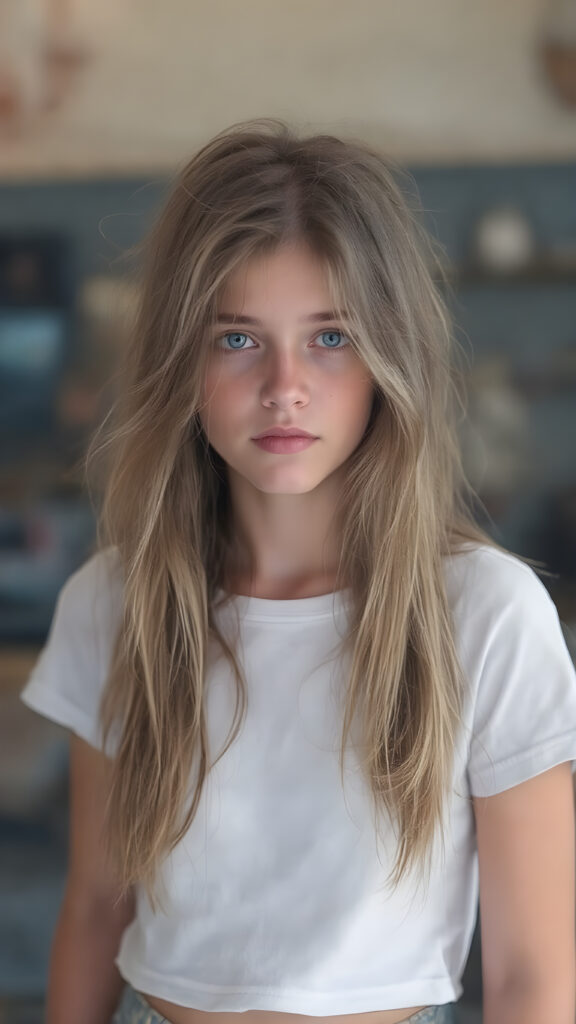 realistic photography of a (((teen girl))) with long, (((messy dark blonde hair))), and (((detailed, matching, vibrant (pale blue eyes))), dressed in (((tight, high-cut, flared and extra long hot pants))), paired with a ((white T-shirt)), that gives off a (warm, cozy glow), blended with a cool, vibrant (studio-like lighting) backdrop, perfect for a (summer fashion look)