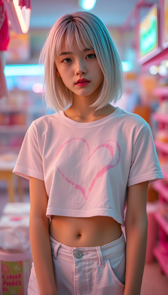 realistic photography of a (((cute teen girlie))) with (((soft open straight white hair falls down, bangs and perfect shoulder length bob cut))), a ((white thin cropped t-shirt with a pink, heart-shaped stain on the chest)), that gives off a (warm, cozy glow), blended with a cool, vibrant (studio-like lighting) backdrop, perfect for a (summer fashion look). Perfect female body. White cargo pants. All against a candy shop in pink.