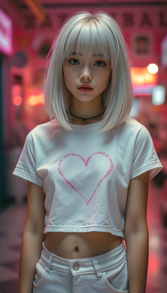 realistic photography of a (((cute teen girlie))) with (((soft open straight white hair falls down, bangs and perfect shoulder length bob cut))), a ((white thin cropped t-shirt with a pink, heart-shaped stain on the chest)), that gives off a (warm, cozy glow), blended with a cool, vibrant (studio-like lighting) backdrop, perfect for a (summer fashion look). Perfect female body. White cargo pants. All against a candy shop in pink.