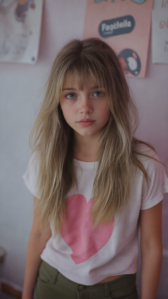 realistic photography of a (((teen girl))) with long, (((messy dark blonde hair))), and (((detailed, matching, vibrant (pale blue eyes))), dressed in (((tight, high-cut, flared and extra long hot pants))), paired with a ((white T-shirt with a pink, heart-shaped stain on the chest)), that gives off a (warm, cozy glow), blended with a cool, vibrant (studio-like lighting) backdrop, perfect for a (summer fashion look)