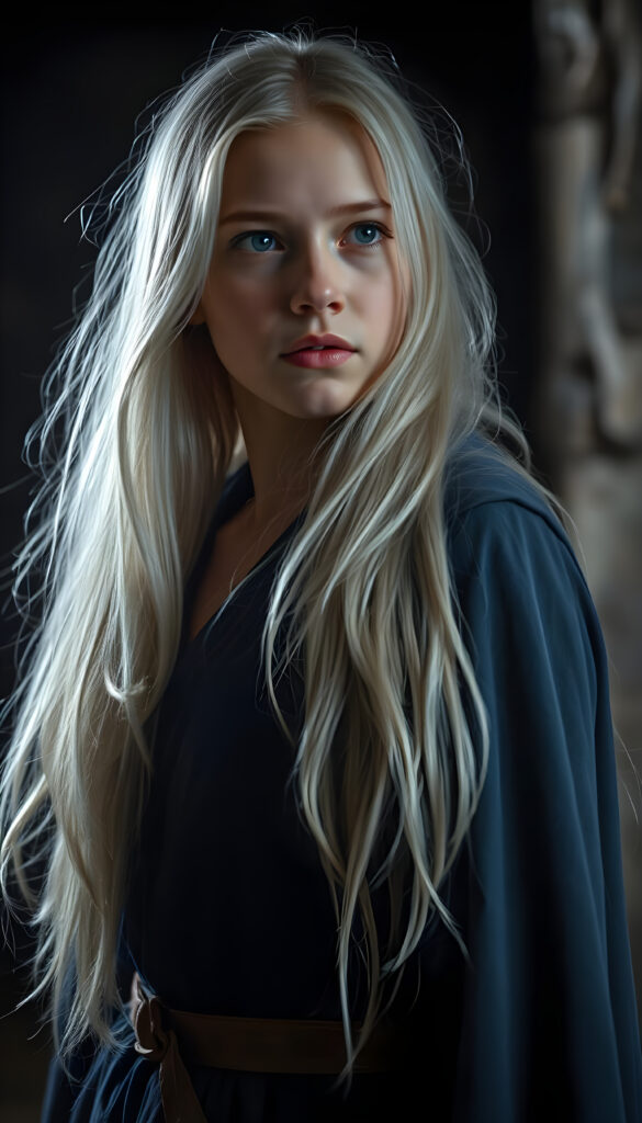 realistic photo from a young woman with long open soft white hair, wearing a blue cloak, in a dark dungeon