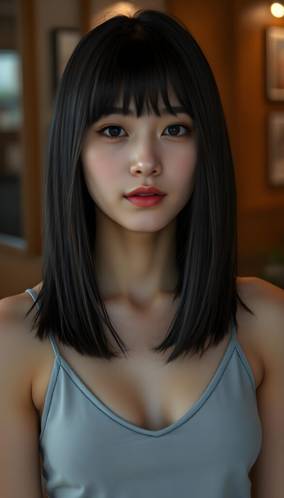 a stunning beautiful natural busty girl, black hair, bob cut, Korean styled bangs, wears a light grey plain cropped tank top, perfect curved female body, soft skin, round face, kissable lips