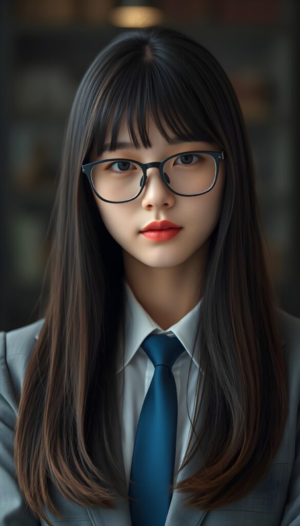 A dynamic, full-length portrait of a young Korean girl exuding confidence and grace. She wears a sophisticated business suit with a crisp white shirt and a deep blue tie. Her long, straight, black hair cascades like a waterfall, featuring subtle brown highlights that catch the light. She has adorable bangs and full, plump red lips. Black glasses.