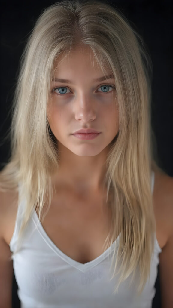 realistic, super high quality upper body portrait, beautifully proportioned 16 year old girl, with luxurious long straight blond super soft hair, round cheeks, and bright blue eyes. She’s wearing a (short tight white crop tank top, deep v-neck, busty, silver skin, and perfectly complements her full figure), against a dark backdrop