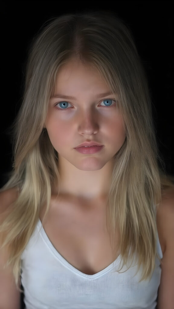 realistic, super high quality upper body portrait, beautifully proportioned 16 year old girl, with luxurious long straight blond super soft hair, round cheeks, and bright blue eyes. She’s wearing a (short tight white crop tank top, deep v-neck, busty, silver skin, and perfectly complements her full figure), against a dark backdrop