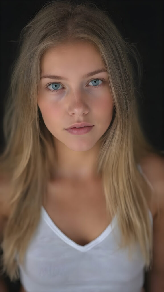 realistic, super high quality upper body portrait, beautifully proportioned 16 year old girl, with luxurious long straight blond super soft hair, round cheeks, and bright green eyes. She’s wearing a (short tight white crop tank top, deep v-neck, silver skin, and perfectly complements her full figure), against a dark backdrop