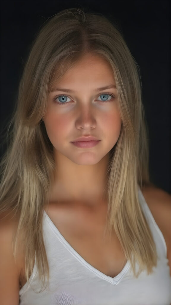 realistic, super high quality upper body portrait, beautifully proportioned 16 year old girl, with luxurious long straight blond super soft hair, round cheeks, and bright blue eyes. She’s wearing a (short tight white crop tank top, deep v-neck, busty, silver skin, and perfectly complements her full figure), against a dark backdrop