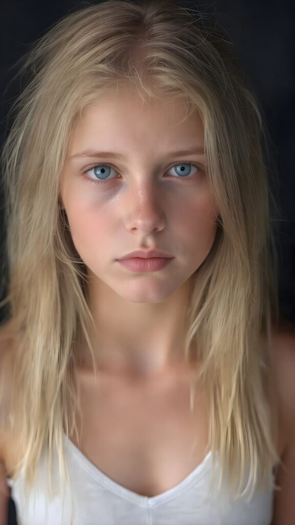 realistic, super high quality upper body portrait, beautifully proportioned 16 year old girl, with luxurious long straight blond super soft hair, round cheeks, and bright blue eyes. She’s wearing a (short tight white crop tank top, deep v-neck, busty, silver skin, and perfectly complements her full figure), against a dark backdrop
