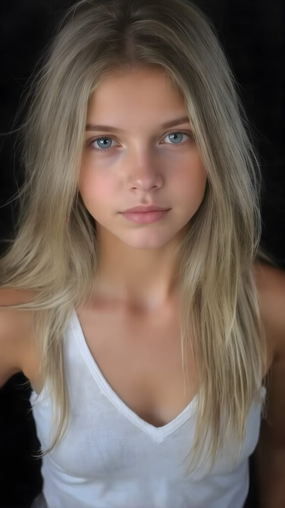 realistic, super high quality upper body portrait, beautifully proportioned 16 year old girl, with luxurious long straight blond super soft hair, round cheeks, and bright green eyes. She’s wearing a (short tight white crop tank top, deep v-neck, silver skin, and perfectly complements her full figure), against a dark backdrop
