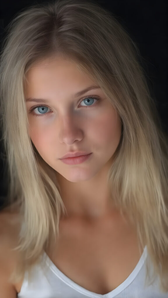 realistic, super high quality upper body portrait, beautifully proportioned 16 year old girl, with luxurious long straight blond super soft hair, round cheeks, and bright green eyes. She’s wearing a (short tight white crop tank top, deep v-neck, silver skin, and perfectly complements her full figure), against a dark backdrop