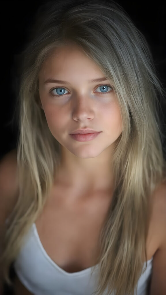 realistic, super high quality upper body portrait, beautifully proportioned 16 year old girl, with luxurious long straight blond super soft hair, round cheeks, and bright blue eyes. She’s wearing a (short tight white crop tank top, deep v-neck, busty, silver skin, and perfectly complements her full figure), against a dark backdrop