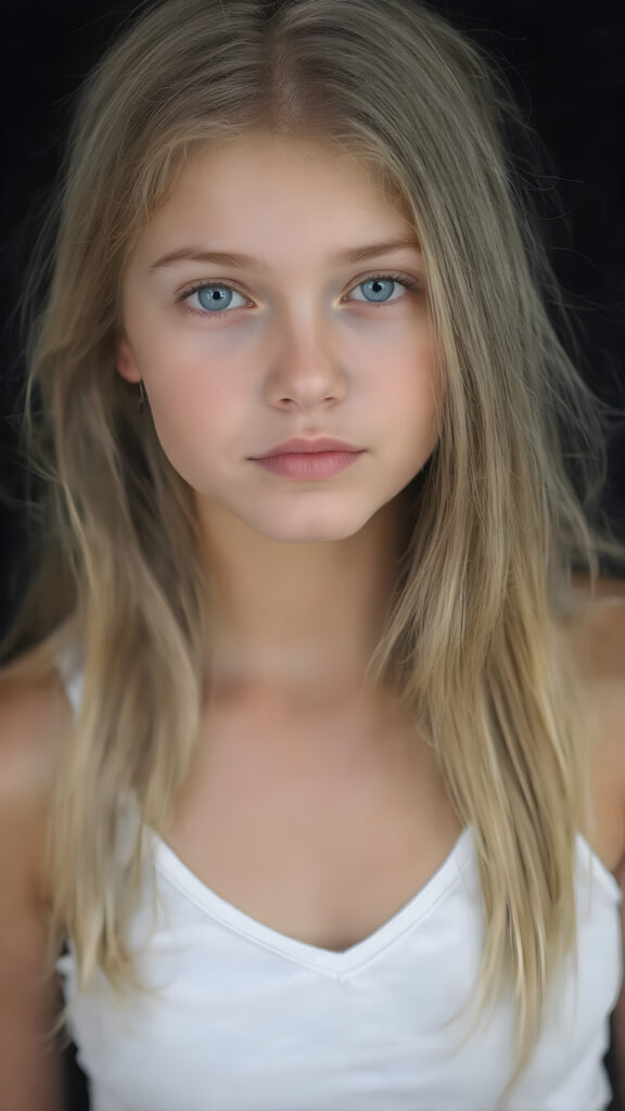 realistic, super high quality upper body portrait, beautifully proportioned 16 year old girl, with luxurious long straight blond super soft hair, round cheeks, and bright blue eyes. She’s wearing a (short tight white crop tank top, deep v-neck, busty, silver skin, and perfectly complements her full figure), against a dark backdrop