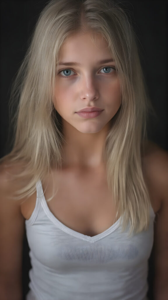 realistic, super high quality upper body portrait, beautifully proportioned 16 year old girl, with luxurious long straight blond super soft hair, round cheeks, and bright green eyes. She’s wearing a (short tight white crop tank top, deep v-neck, silver skin, and perfectly complements her full figure), against a dark backdrop