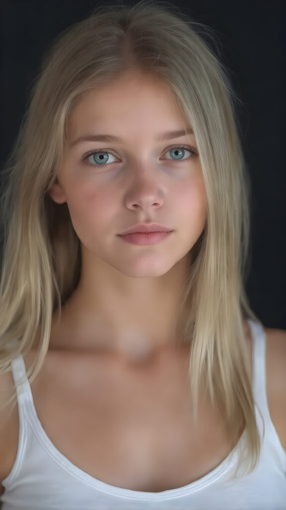 realistic, super high quality upper body portrait, beautifully proportioned 16 year old girl, with luxurious long straight blond super soft hair, round cheeks, and bright green eyes. She’s wearing a (short tight white crop tank top, deep v-neck, silver skin, and perfectly complements her full figure), against a dark backdrop