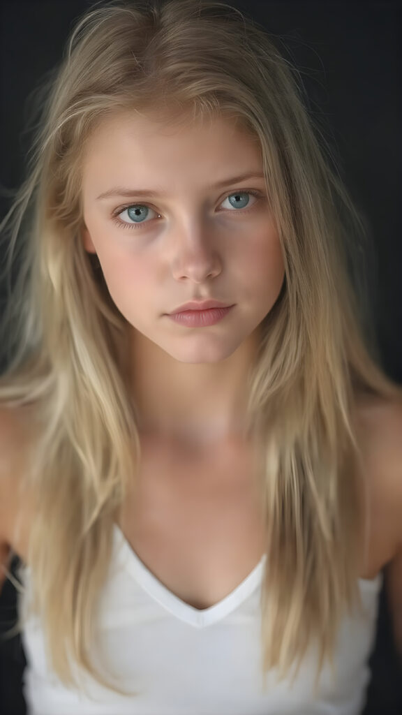 realistic, super high quality upper body portrait, beautifully proportioned 16 year old girl, with luxurious long straight blond super soft hair, round cheeks, and bright green eyes. She’s wearing a (short tight white crop tank top, deep v-neck, silver skin, and perfectly complements her full figure), against a dark backdrop