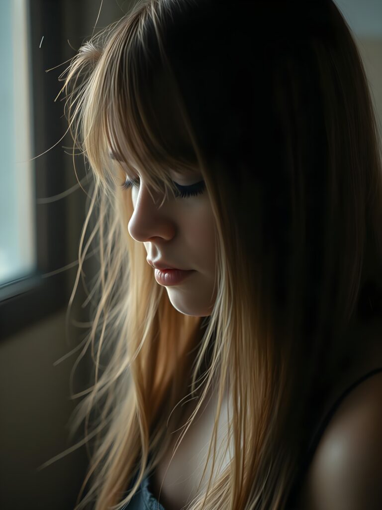 sad girl, (being heartbroken), long straight hair falls down, side view