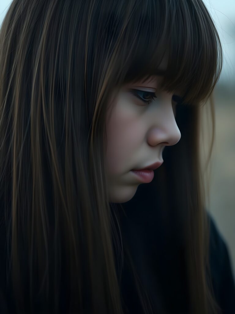 sad girl, (being heartbroken), long straight hair falls down, side view