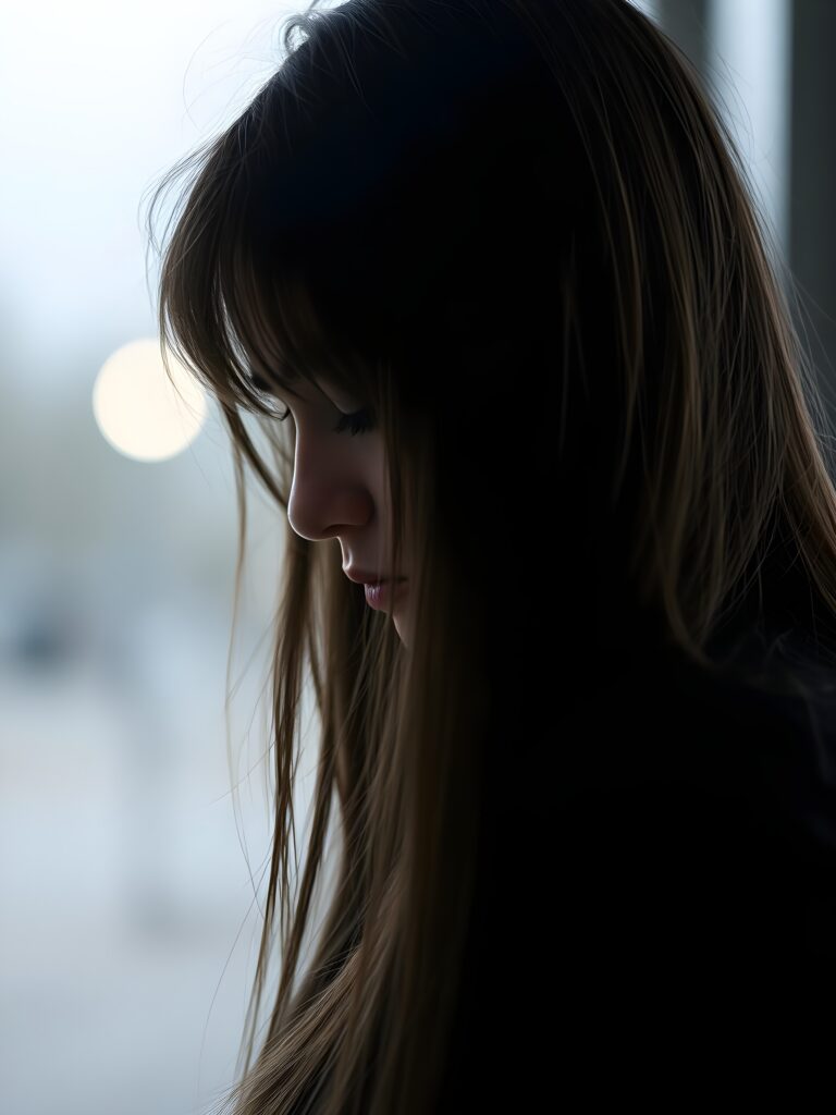 sad girl, (being heartbroken), long straight hair falls down, side view