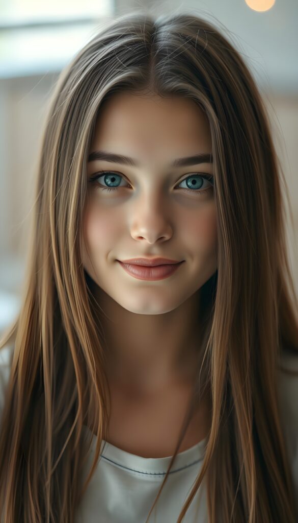 show me a pretty young adult girl. The girl has long straight hair, deep blue eyes, flawless skin and wears a simple plain t-shirt. She is very happy and cute. Round face and full lips. Female body.