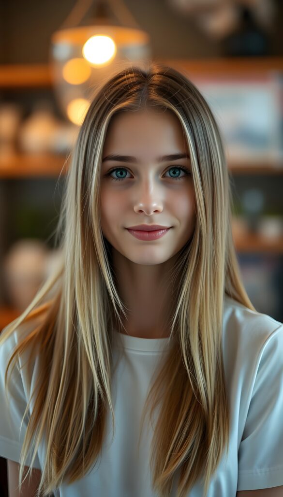 show me a pretty young adult girl. The girl has long straight hair, deep blue eyes, flawless skin and wears a simple plain t-shirt. She is very happy and cute. Round face and full lips. Female body.