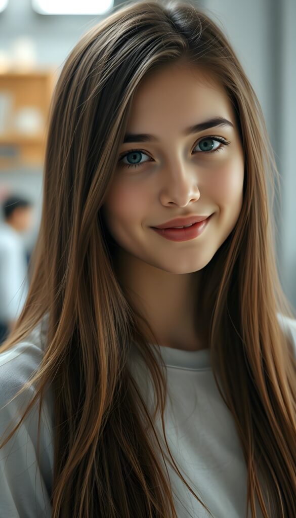 show me a pretty young adult girl. The girl has long straight hair, deep blue eyes, flawless skin and wears a simple plain t-shirt. She is very happy and cute. Round face and full lips. Female body.