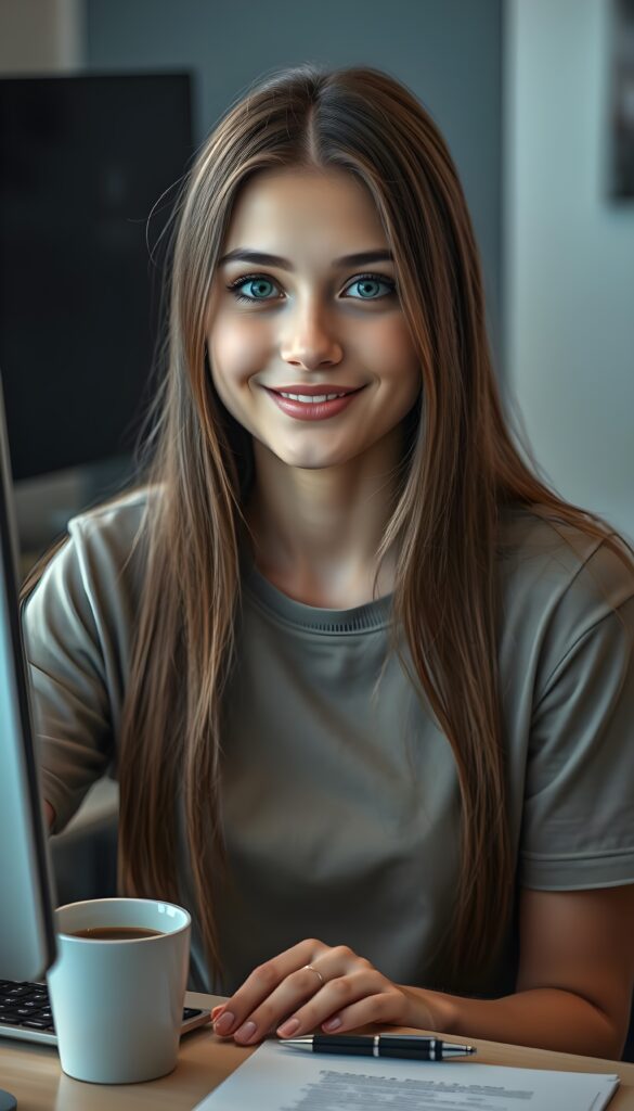 show me a pretty young adult girl. The girl has long straight hair, deep blue eyes, flawless skin and wears a simple plain t-shirt. She is very happy and cute. Round face and full lips. Female body. She is sitting at her desk. A monitor, keyboard, small coffee cup, ballpoint pen.