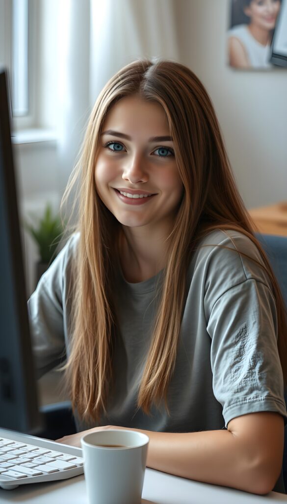 show me a pretty young adult girl. The girl has long straight hair, deep blue eyes, flawless skin and wears a simple plain t-shirt. She is very happy and cute. Round face and full lips. Female body. She is sitting at her desk. A monitor, keyboard, small coffee cup, ballpoint pen.