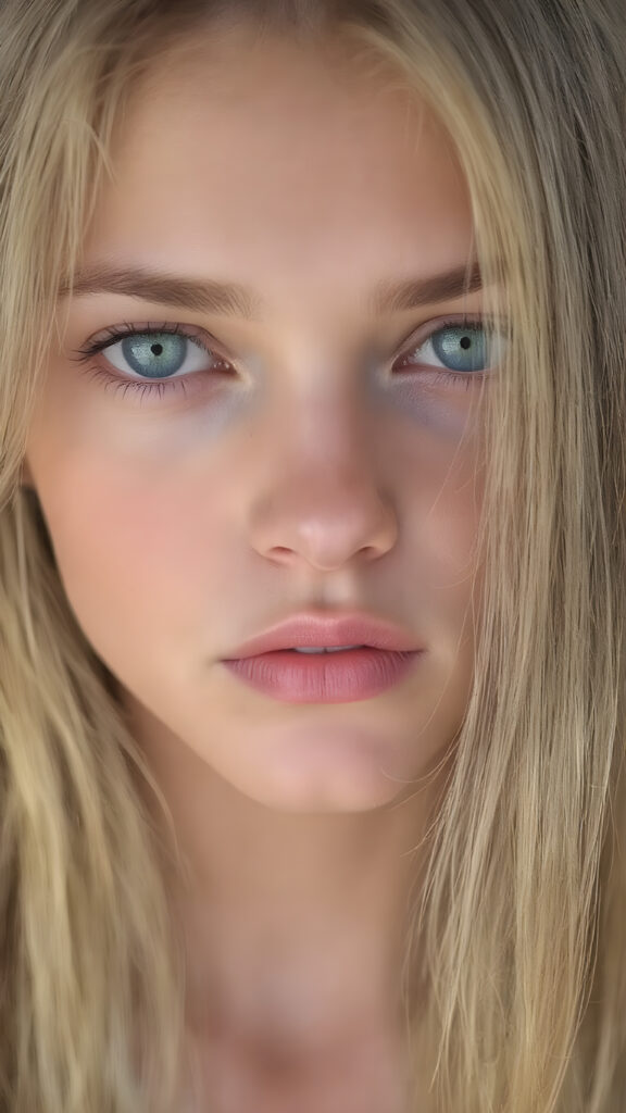 show me a stunning and gorgeous girl. The girl has beautiful long straight soft hair. Her hair falls gently over her upper body. She has beautiful, shiny realistic green eyes, flawless skin and a pouty mouth. Make the photo very realistic.
