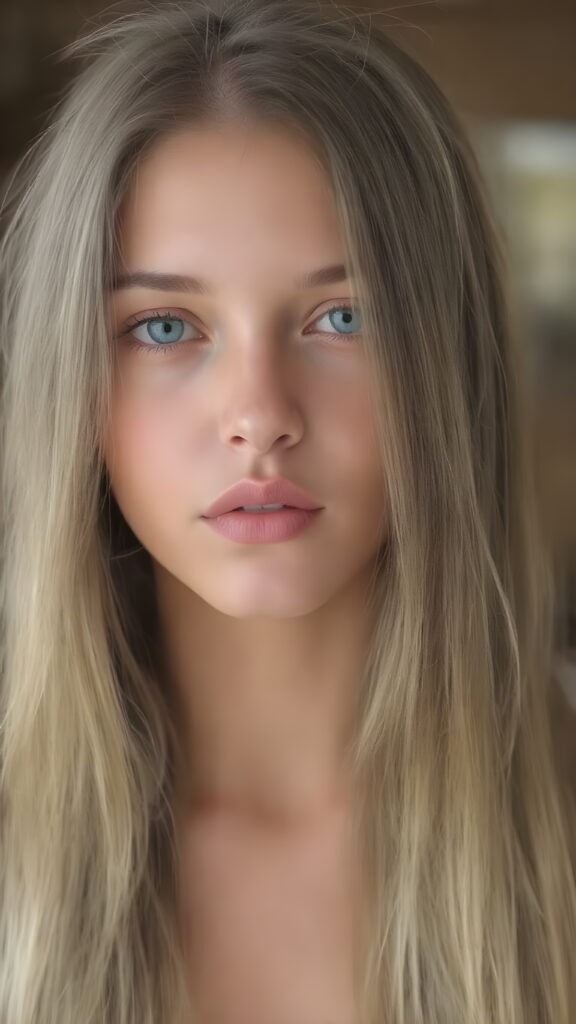 show me a stunning and gorgeous girl. The girl has beautiful long straight soft hair. Her hair falls gently over her upper body. She has beautiful, shiny realistic green eyes, flawless skin and a pouty mouth. Make the photo very realistic.