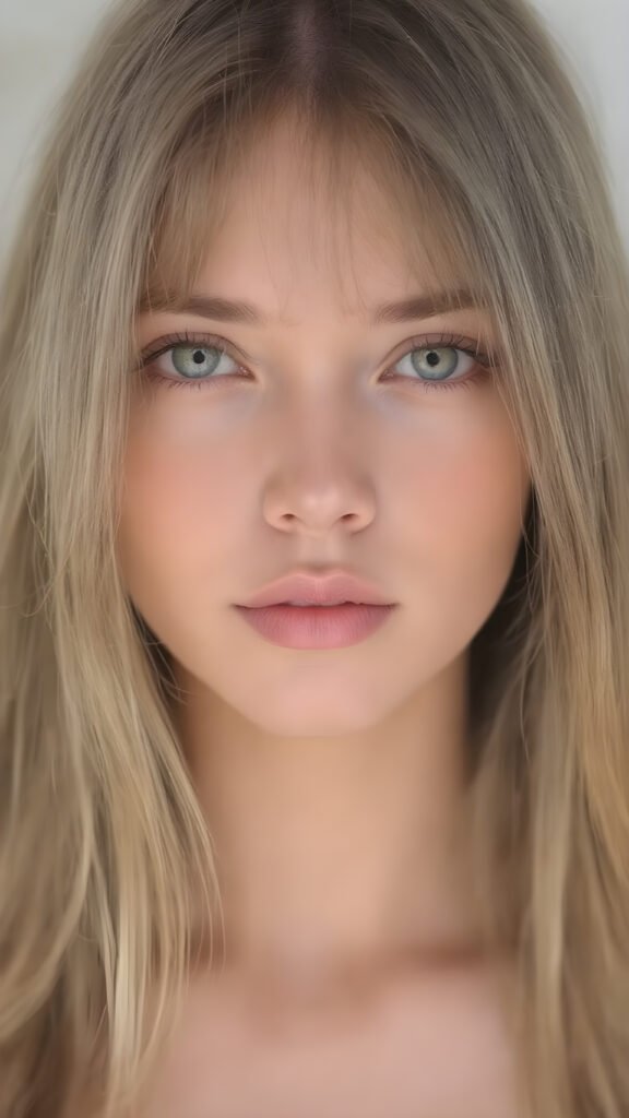 show me a stunning and gorgeous girl. The girl has beautiful long straight soft hair. Her hair falls gently over her upper body. She has beautiful, shiny realistic green eyes, flawless skin and a pouty mouth. Make the photo very realistic.