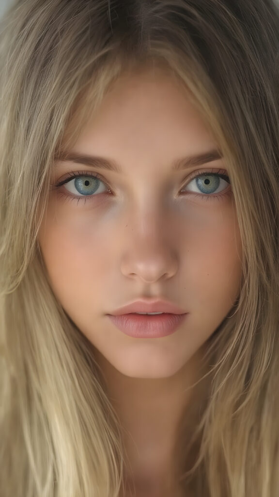show me a stunning and gorgeous girl. The girl has beautiful long straight soft hair. Her hair falls gently over her upper body. She has beautiful, shiny realistic green eyes, flawless skin and a pouty mouth. Make the photo very realistic.